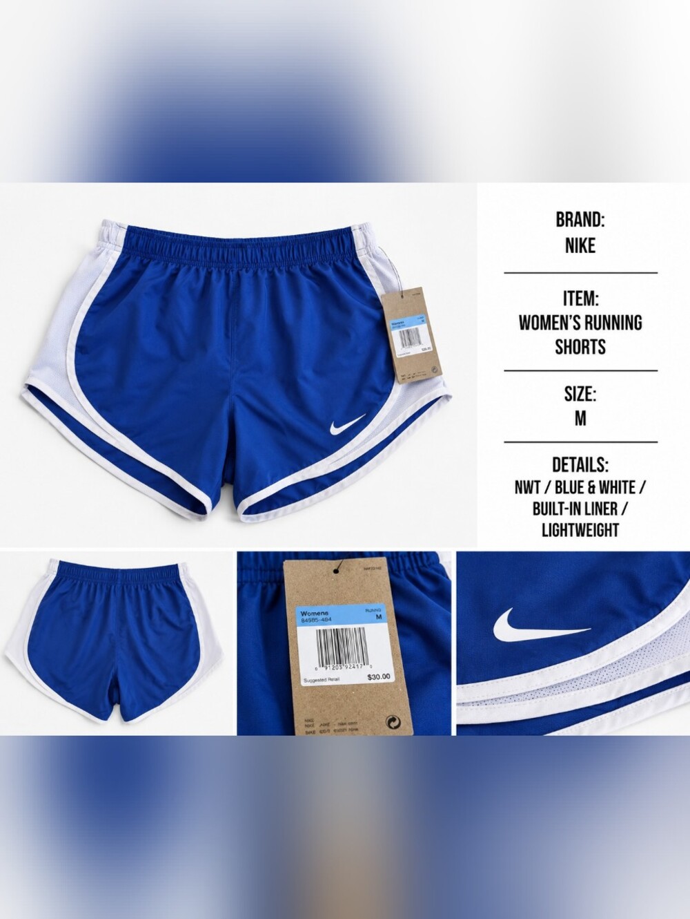 NWT Nike Women’s Running Shorts Blue White Size M